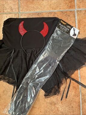 Black Tattered Devil Costume Skirt with Red Glitter Horn Headband
